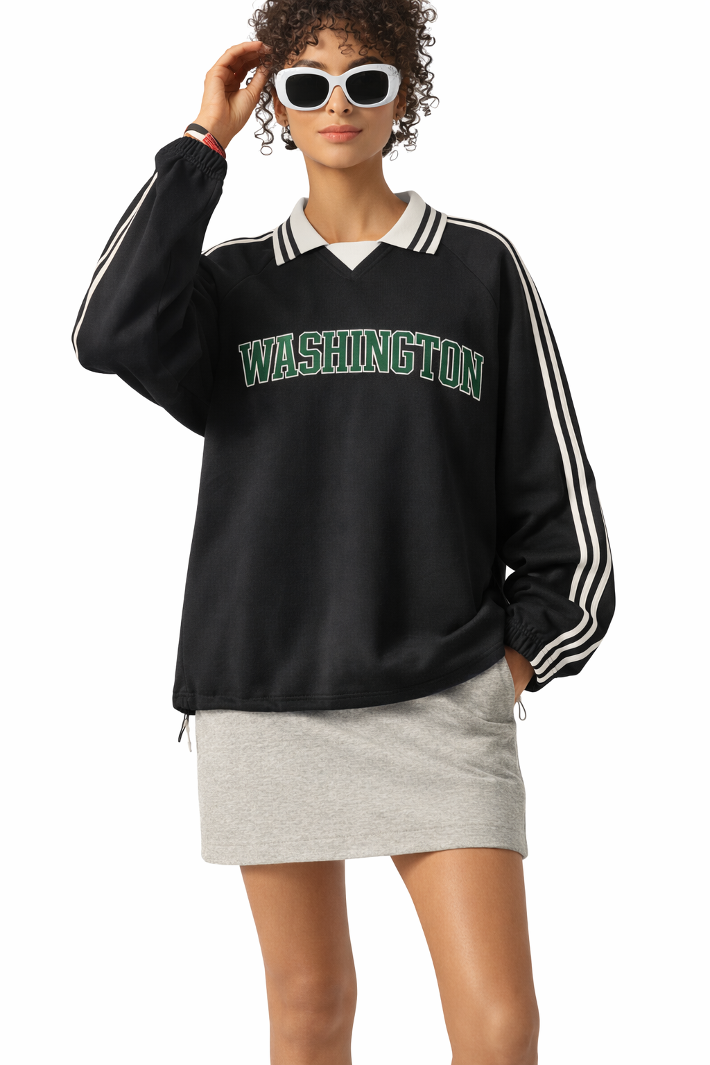 Washington College Varsity Sweatshirt in Black / Forest Green — lifestyle 1