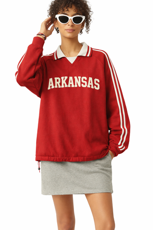Arkansas College Varsity Sweatshirt in Red / Cream — lifestyle 1