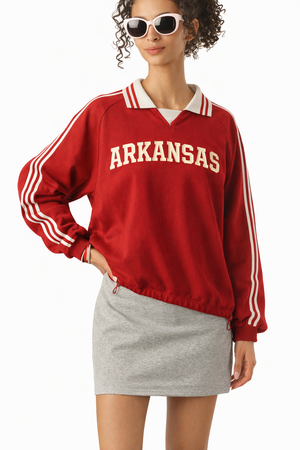 Arkansas College Varsity Sweatshirt in Red / Cream — lifestyle 2