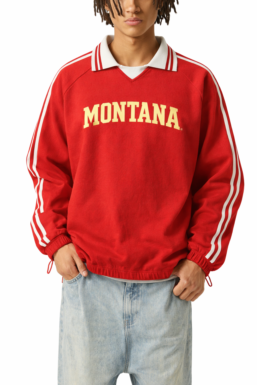 Montana College Varsity Sweatshirt in Red / Cream — lifestyle 1