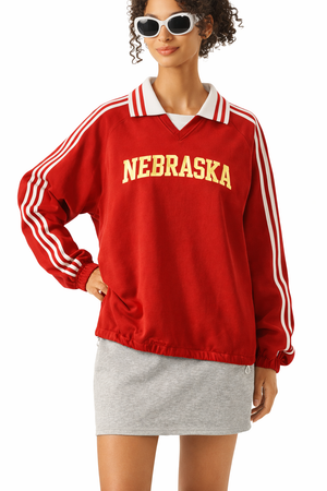 Nebraska College Varsity Sweatshirt in Red / Cream — lifestyle 2