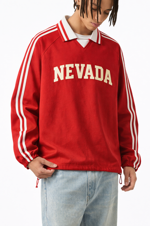 Nevada College Varsity Sweatshirt in Red / Cream — lifestyle 2