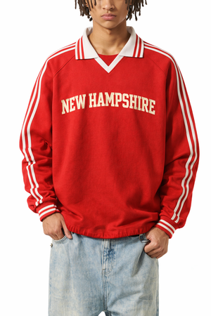New Hampshire College Varsity Sweatshirt in Red / Cream — lifestyle 1