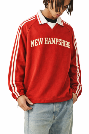 New Hampshire College Varsity Sweatshirt in Red / Cream — lifestyle 2