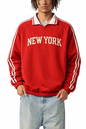 New York College Varsity Sweatshirt in Red / Cream — lifestyle 1