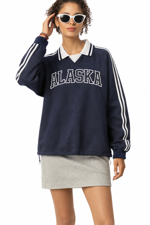 Alaska College Varsity Sweatshirt in Royal Blue / White — lifestyle 1