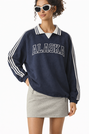 Alaska College Varsity Sweatshirt in Royal Blue / White — lifestyle 2