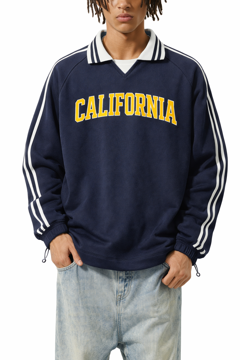 California College Varsity Sweatshirt in Royal Blue / Gold — lifestyle 1