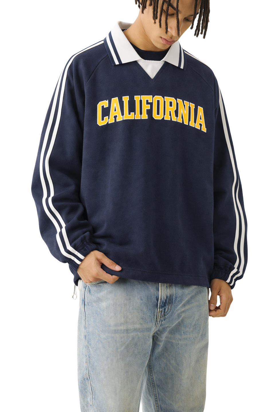 California College Varsity Sweatshirt in Royal Blue / Gold — lifestyle 2