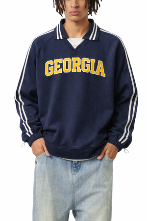 Georgia College Varsity Sweatshirt in Royal Blue / Gold — lifestyle 1