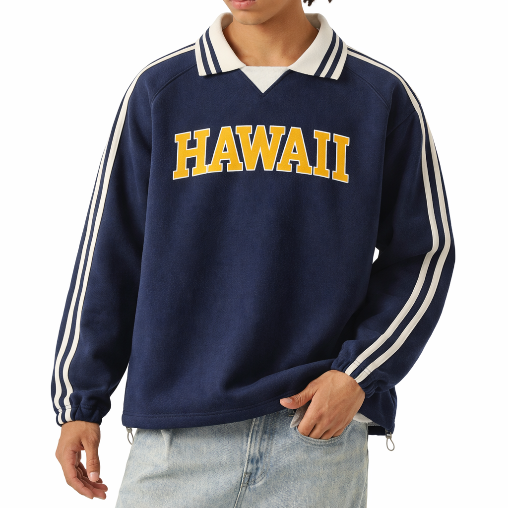 Hawaii College Varsity Sweatshirt in Royal Blue / Yellow — lifestyle 1