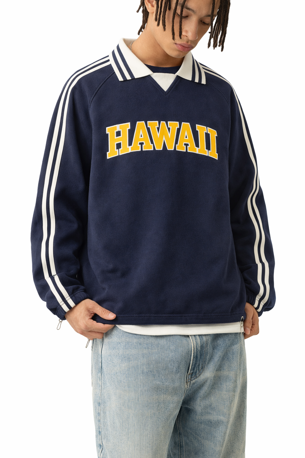 Hawaii College Varsity Sweatshirt in Royal Blue / Yellow — lifestyle 2