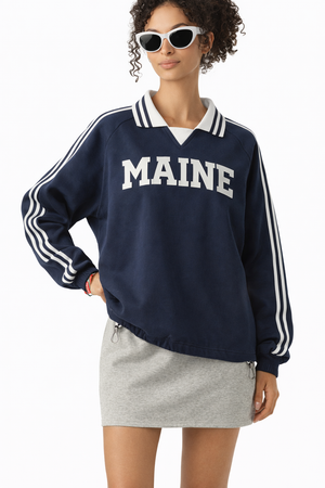 Maine College Varsity Sweatshirt in Royal Blue / White — lifestyle 2
