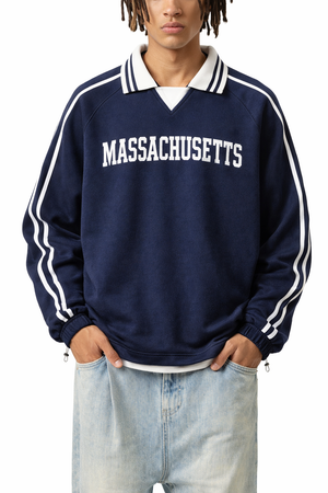 Massachusetts College Varsity Sweatshirt in Royal Blue / White — lifestyle 1