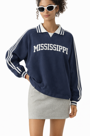Mississippi College Varsity Sweatshirt in Royal Blue / White — lifestyle 2