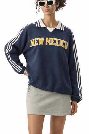New Mexico College Varsity Sweatshirt in Royal Blue / Yellow — lifestyle 2
