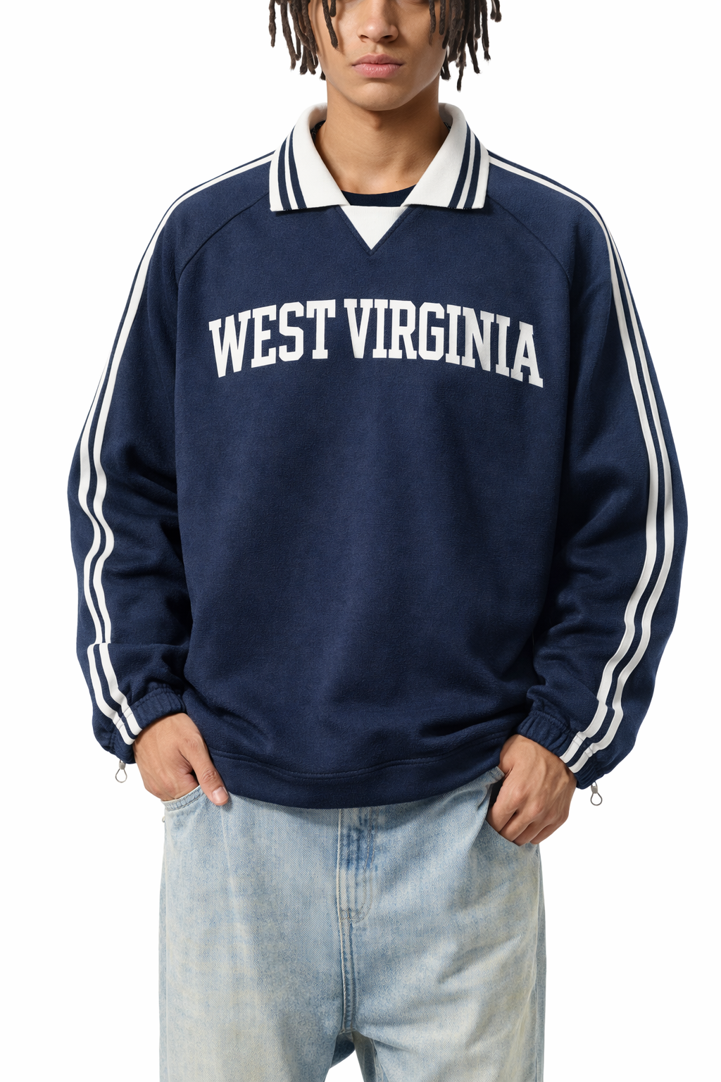 West Virginia College Varsity Sweatshirt in Royal Blue / White — lifestyle 1