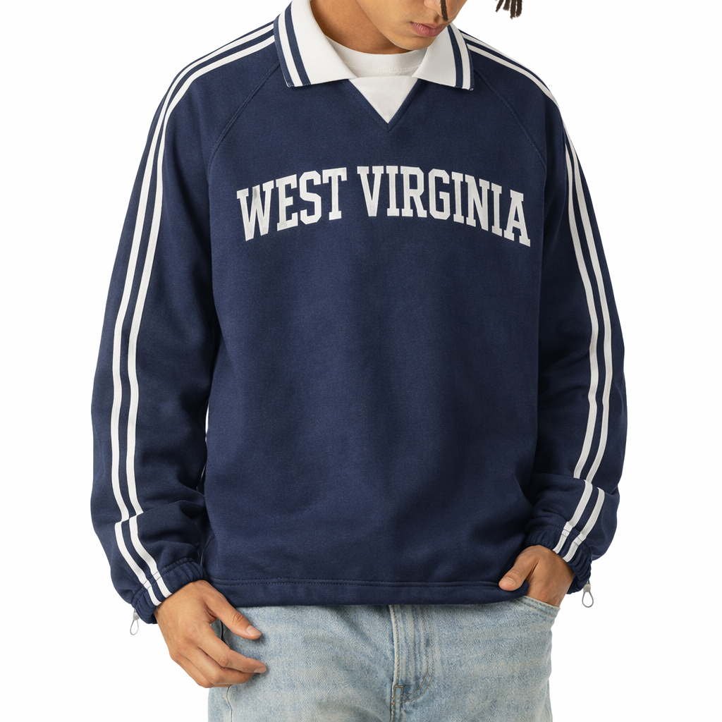 West Virginia College Varsity Sweatshirt in Royal Blue / White — lifestyle 2