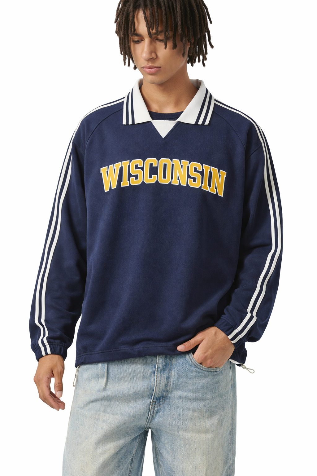 Wisconsin College Varsity Sweatshirt in Royal Blue / Gold — lifestyle 1