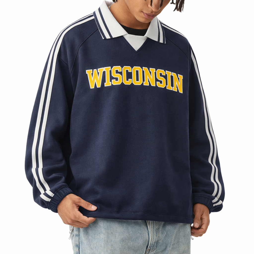 Wisconsin College Varsity Sweatshirt in Royal Blue / Gold — lifestyle 2