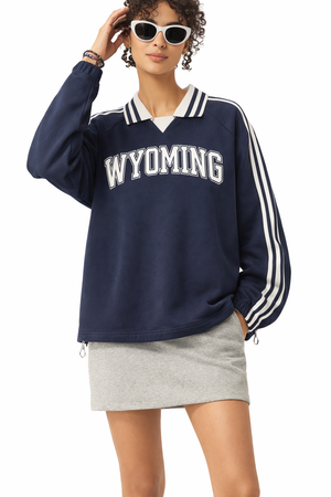 Wyoming College Varsity Sweatshirt in Royal Blue / White — lifestyle 1