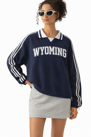 Wyoming College Varsity Sweatshirt in Royal Blue / White — lifestyle 2