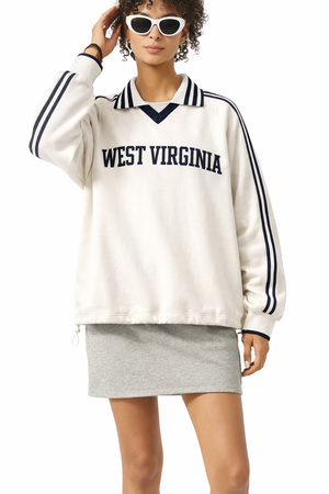 West Virginia College Varsity Sweatshirt in White / Navy — lifestyle 1