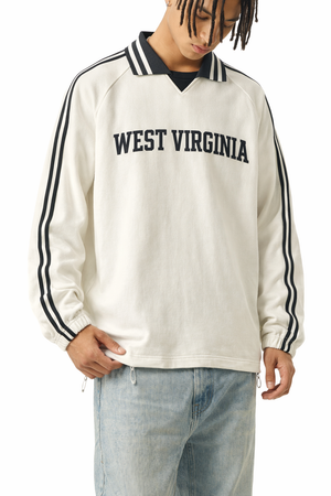 West Virginia College Varsity Sweatshirt in White / Navy — lifestyle 2