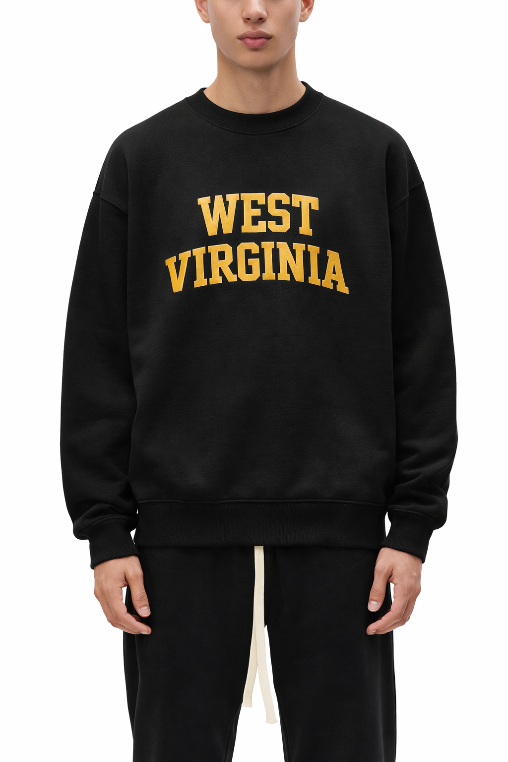West Virginia Crewneck Sweatshirt in Black / Gold — lifestyle 1