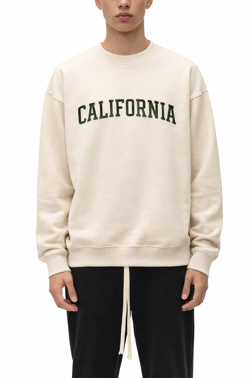 California Crewneck Sweatshirt in Cream / Forest Green — lifestyle 1