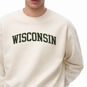 Wisconsin Crewneck Sweatshirt in Cream / Forest Green — lifestyle 1