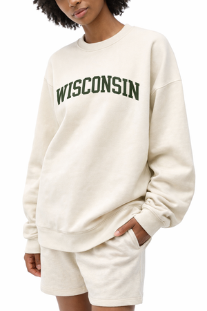 Wisconsin Crewneck Sweatshirt in Cream / Forest Green — lifestyle 2