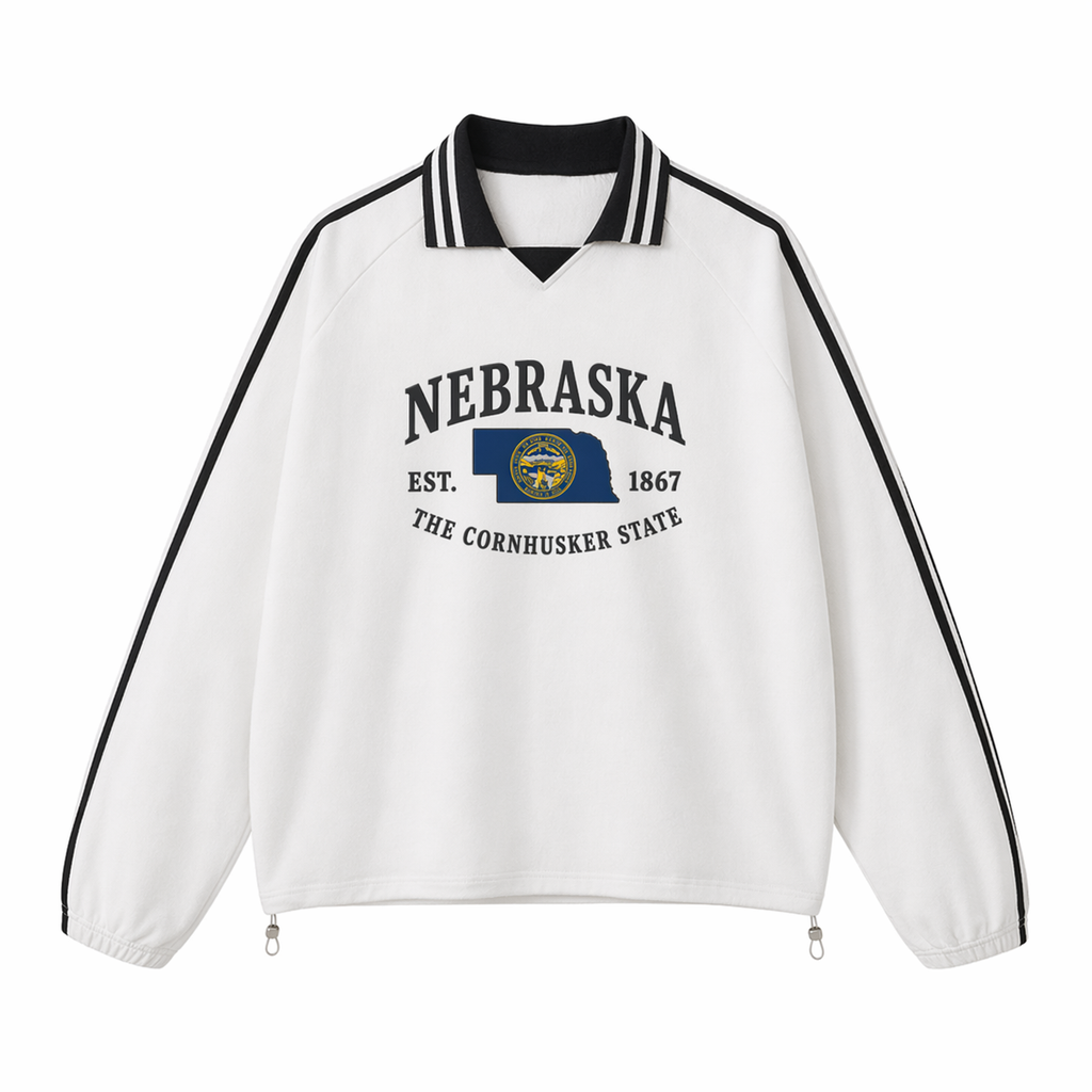 Collection 8 Nebraska Contrast Striped Lapel Collar Sweatshirt - White front