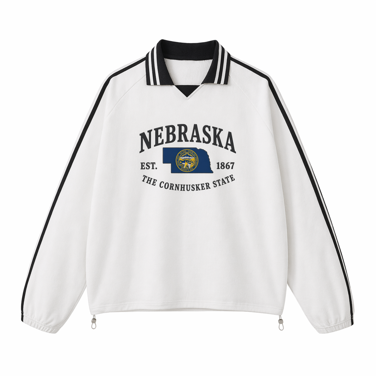 Collection 8 Nebraska Contrast Striped Lapel Collar Sweatshirt - White front