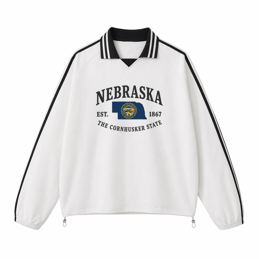 Collection 8 Nebraska Contrast Striped Lapel Collar Sweatshirt - White front