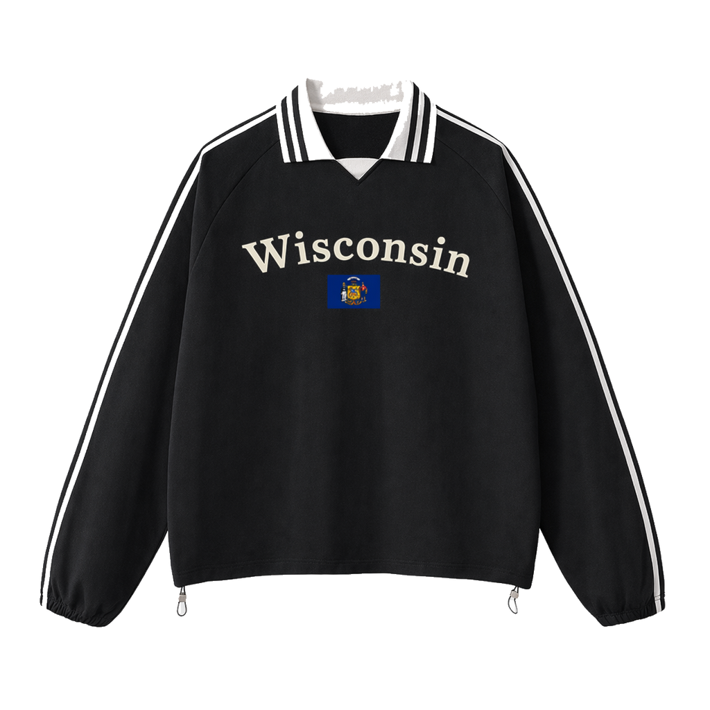 Collection 6 Wisconsin Contrast Striped Lapel Collar Sweatshirt - Black front