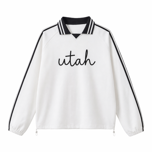 Collection 3 Utah Contrast Striped Lapel Collar Sweatshirt - White front