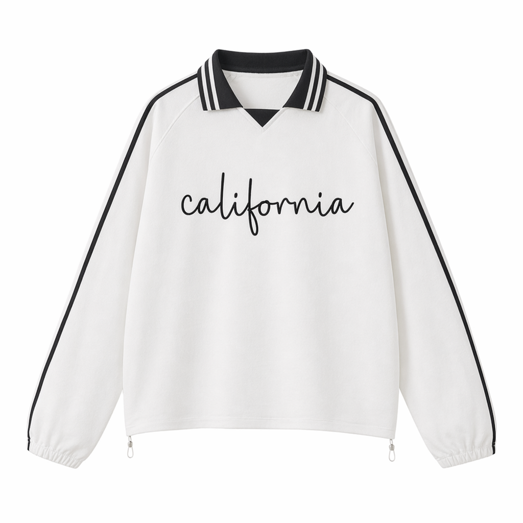 Collection 3 California Contrast Striped Lapel Collar Sweatshirt - White front