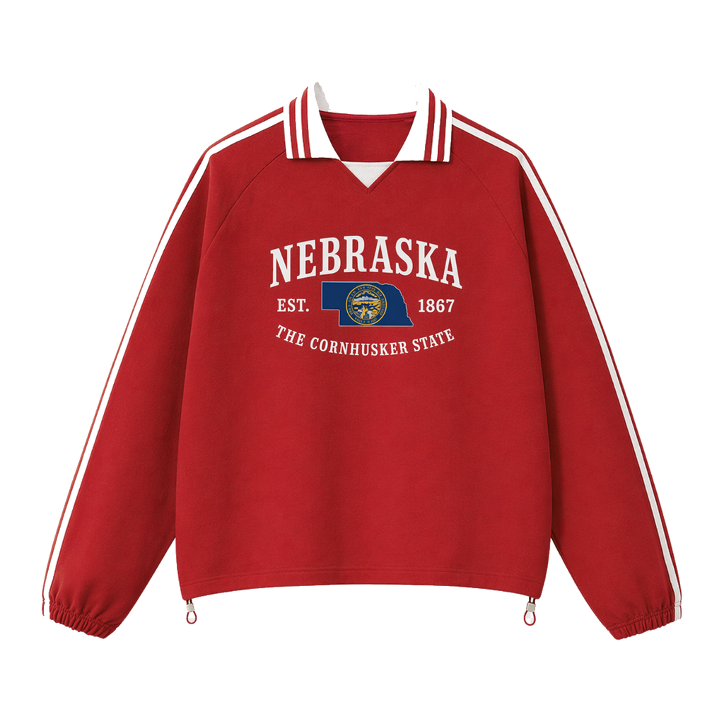 Collection 8 Nebraska Contrast Striped Lapel Collar Sweatshirt - Red front