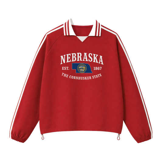 Collection 8 Nebraska Contrast Striped Lapel Collar Sweatshirt - Red front