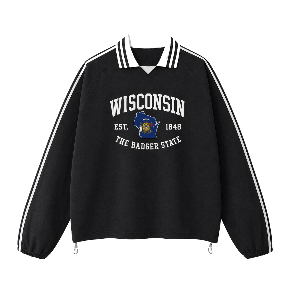 Collection 8 Wisconsin Contrast Striped Lapel Collar Sweatshirt - Black front