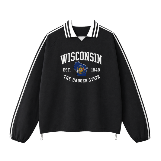 Collection 8 Wisconsin Contrast Striped Lapel Collar Sweatshirt - Black front