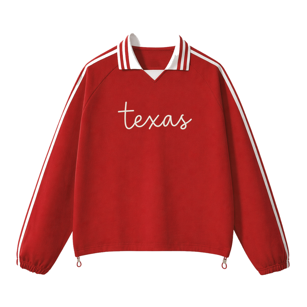 Collection 3 Texas Contrast Striped Lapel Collar Sweatshirt - Red front