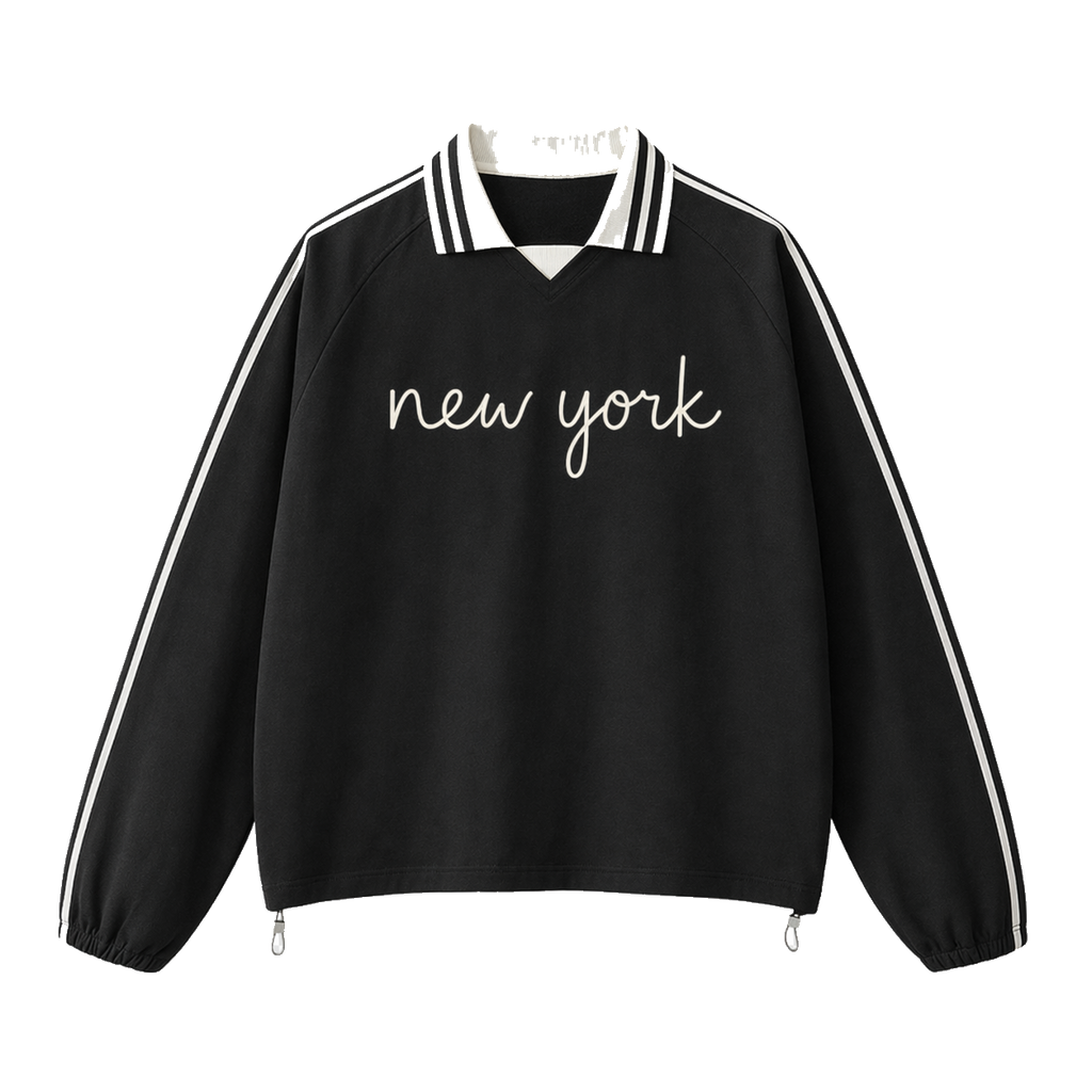 Collection 3 New York Contrast Striped Lapel Collar Sweatshirt - Black front