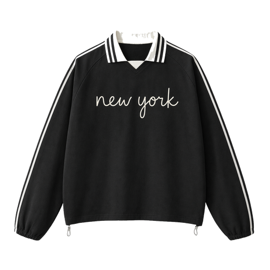 Collection 3 New York Contrast Striped Lapel Collar Sweatshirt - Black front