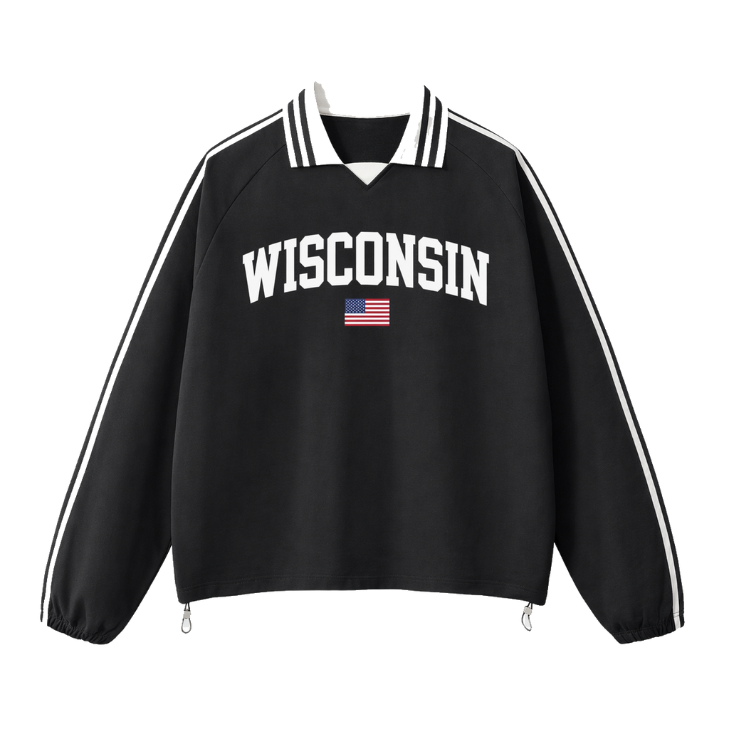 Collection 2 Wisconsin Contrast Striped Lapel Collar Sweatshirt - Black front