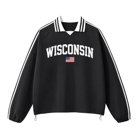 Collection 2 Wisconsin Contrast Striped Lapel Collar Sweatshirt - Black front