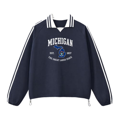 Collection 8 Michigan Contrast Striped Lapel Collar Sweatshirt - Royal Blue front