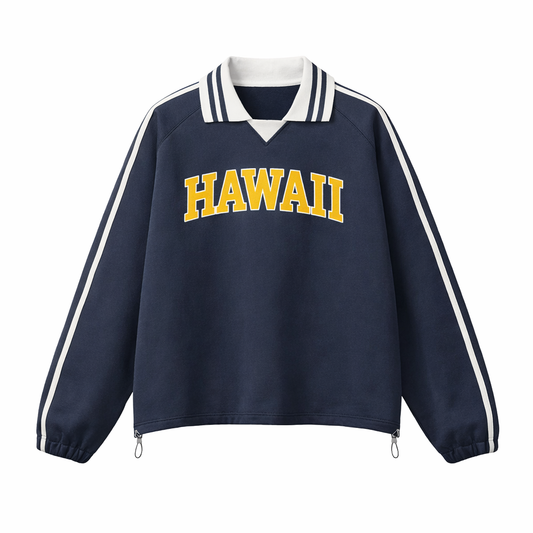 Collection 1 Hawaii Contrast Striped Lapel Collar Sweatshirt - Royal Blue front