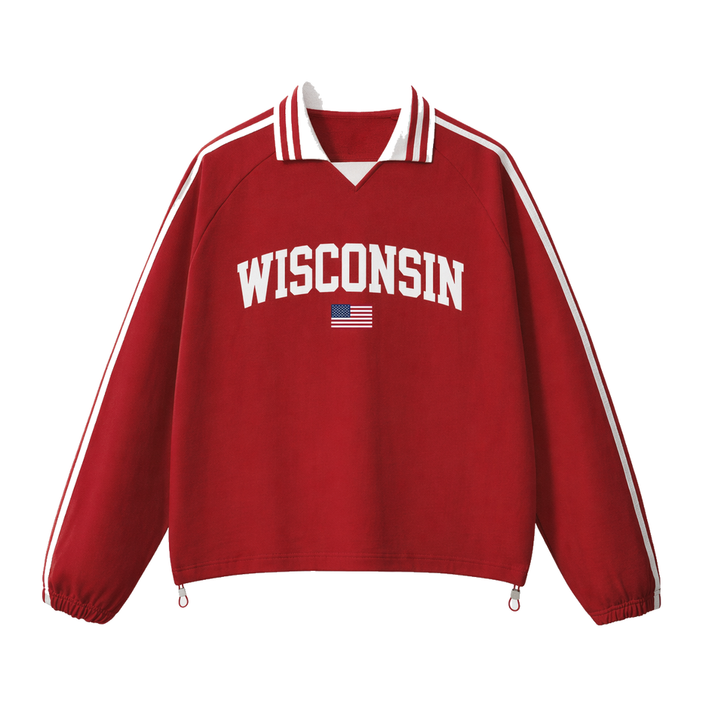 Collection 2 Wisconsin Contrast Striped Lapel Collar Sweatshirt - Red front